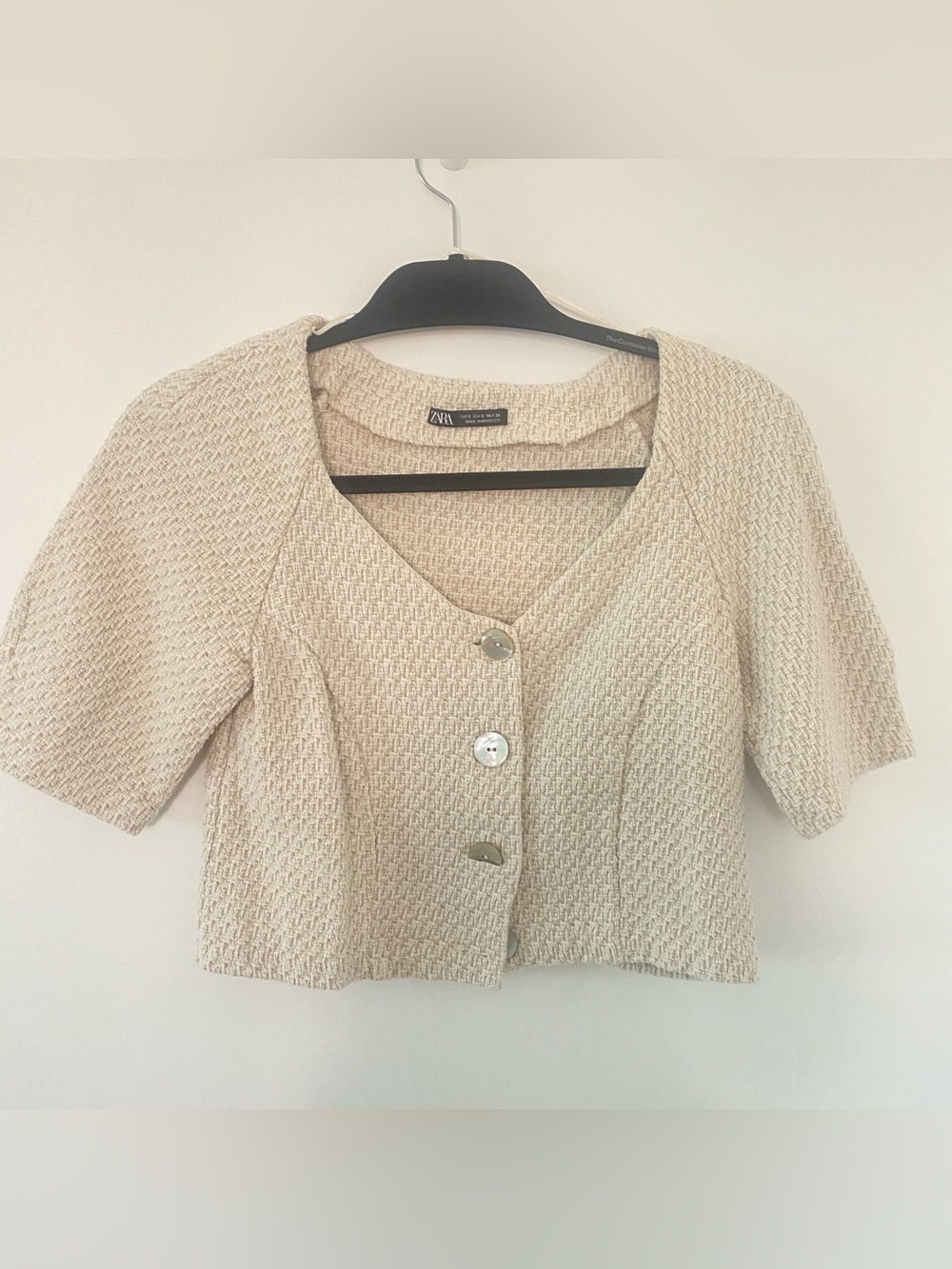 Zara Cream Textured Button-Front Crop Top